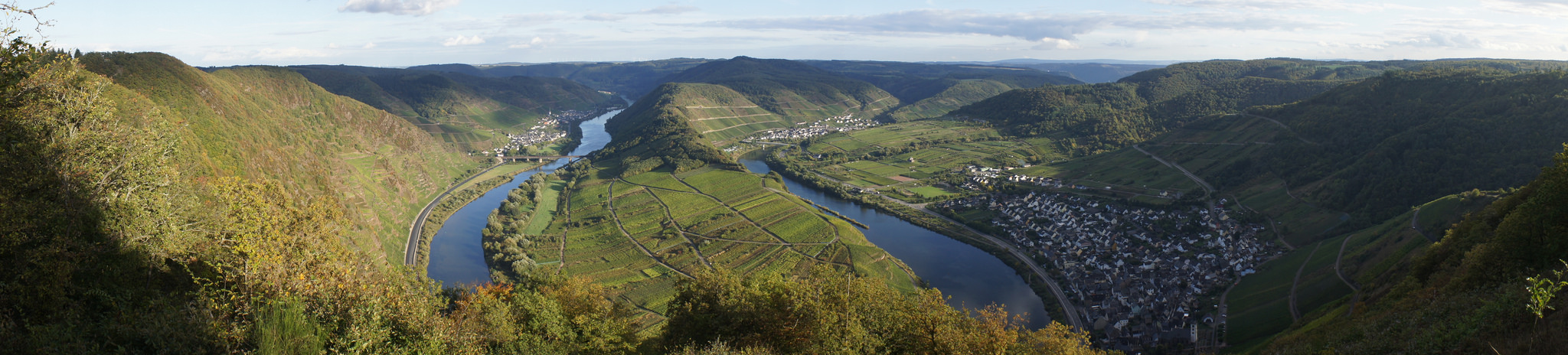 The view over Bremm in the Mosel. You can see Calmont vineyard (the steepest vineyard in Europe) is on the left side of the image.